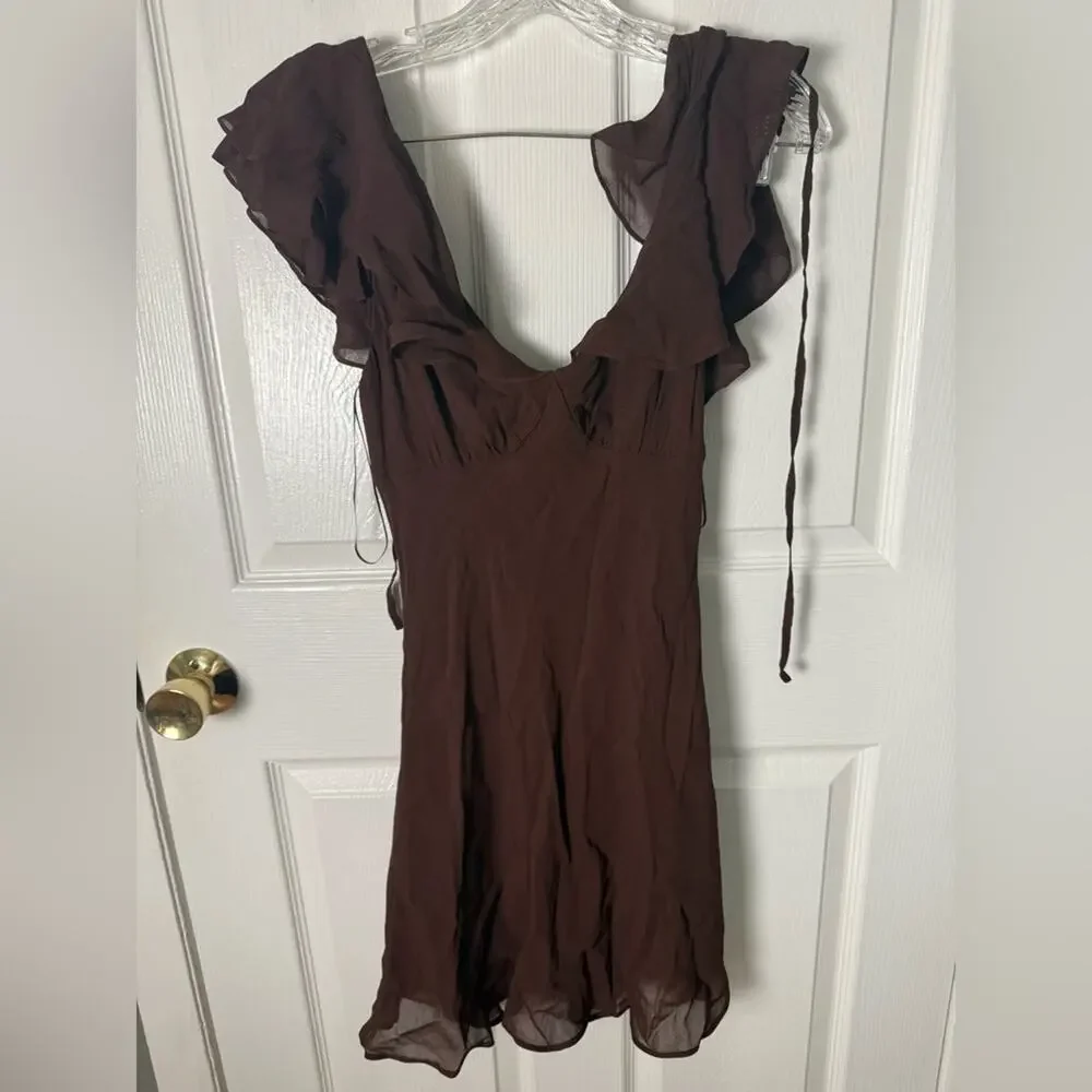 Reformation Arni Mini Dress in Cafe Brown 2 - Picture 2 of 7